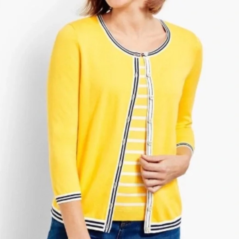 Dainty Talbots Women's Yellow w Blue White Trim 3/4 Sleeve Cardigan Sweater P